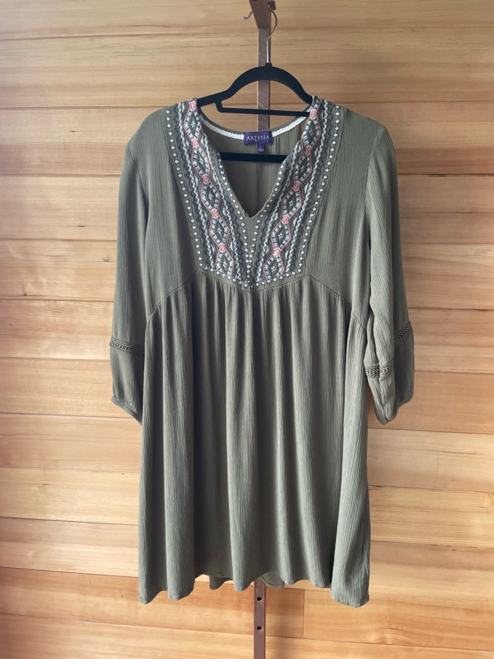 Artesia Embroidered Olive Green Bohemian Mini Dress Large